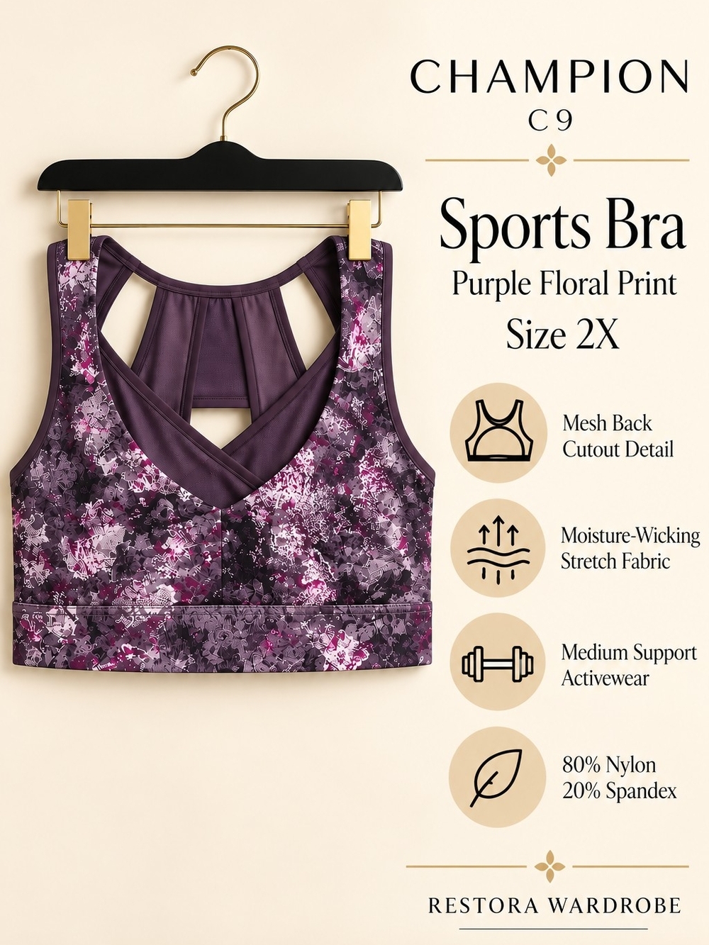 Champion C9 Sports Bra Purple Floral Mesh Back Cutout Activewear Size 2X